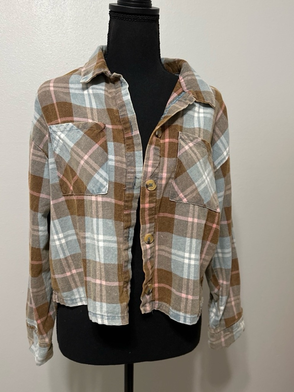 Plaid Button-Front Shacket in Brown, Blue & Pink